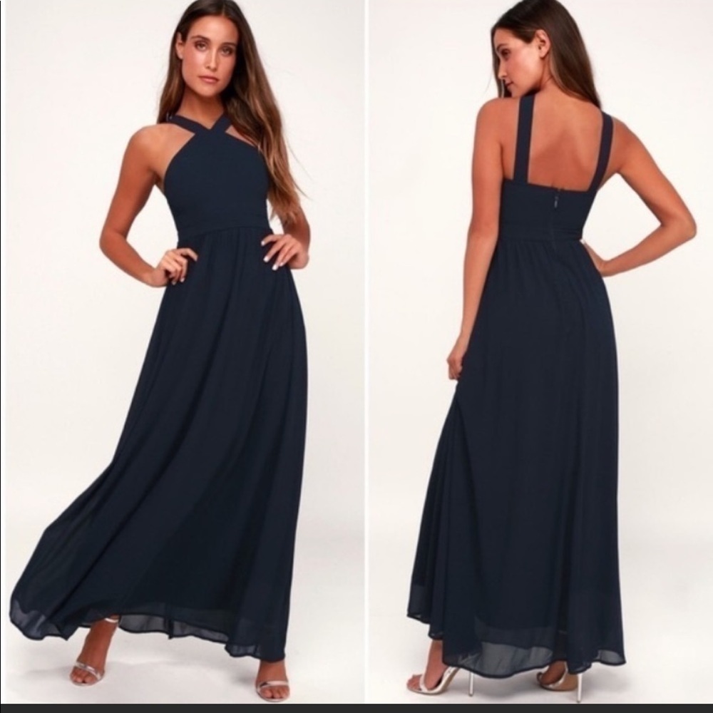 Lulus Air of Romance Navy Blue Maxi Dress Sz Small